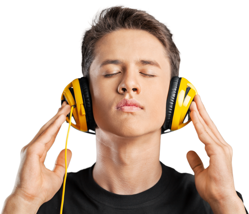 Young Man in Headphones Listening to Music